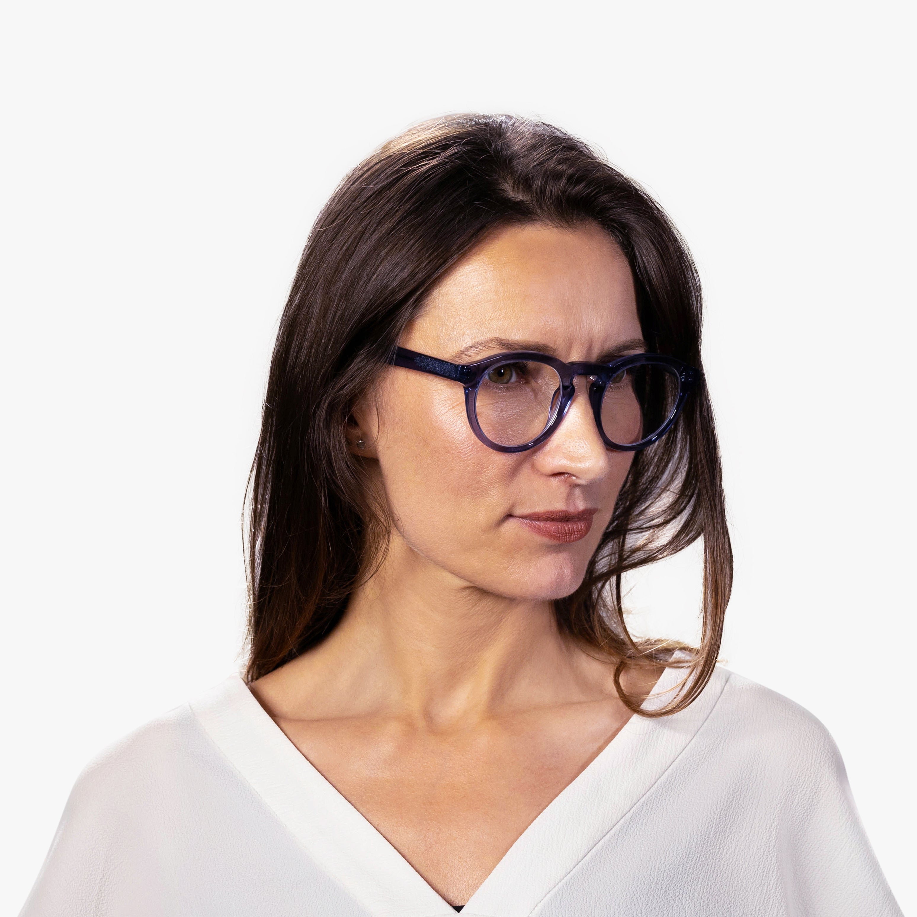 Luxreaders stylish Women's Gråsten Crystal Blue Reading glasses. Made from Bio-acetate in a Round shape.