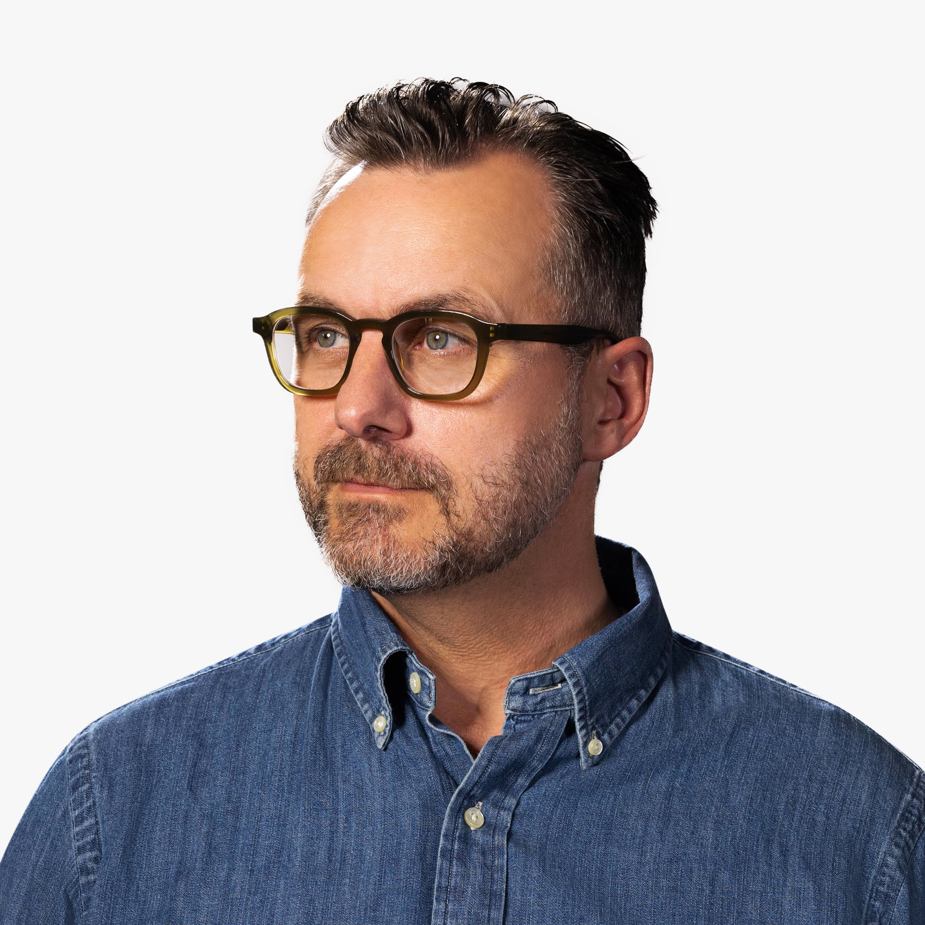 Luxreaders stylish Men's Reykjavik Shiny Olive Reading glasses. Made from Bio-acetate in a Square shape.