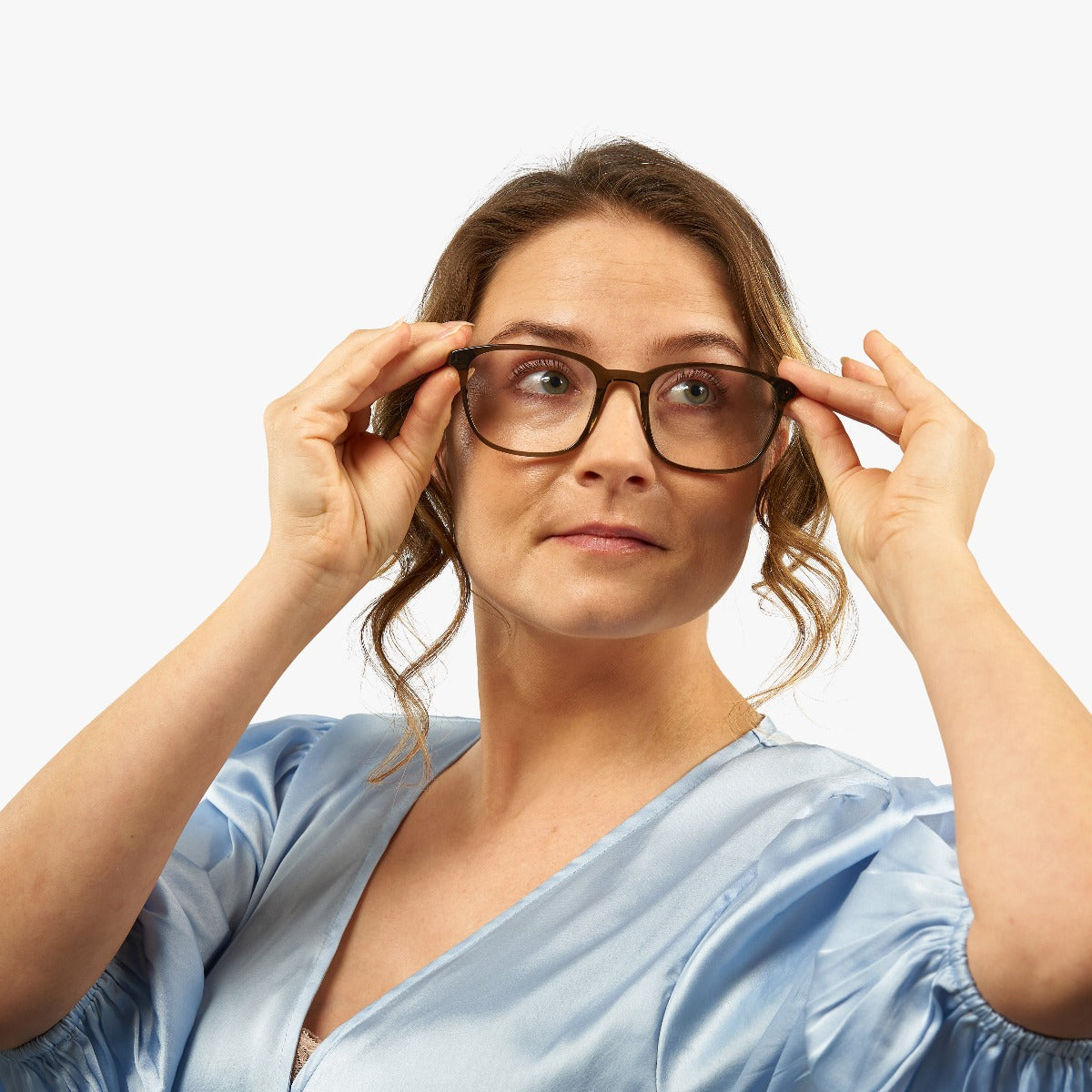 Luxreaders stylish Women's Ebeltoft Shiny Olive Blue light glasses. Made from Acetate in a Square shape.