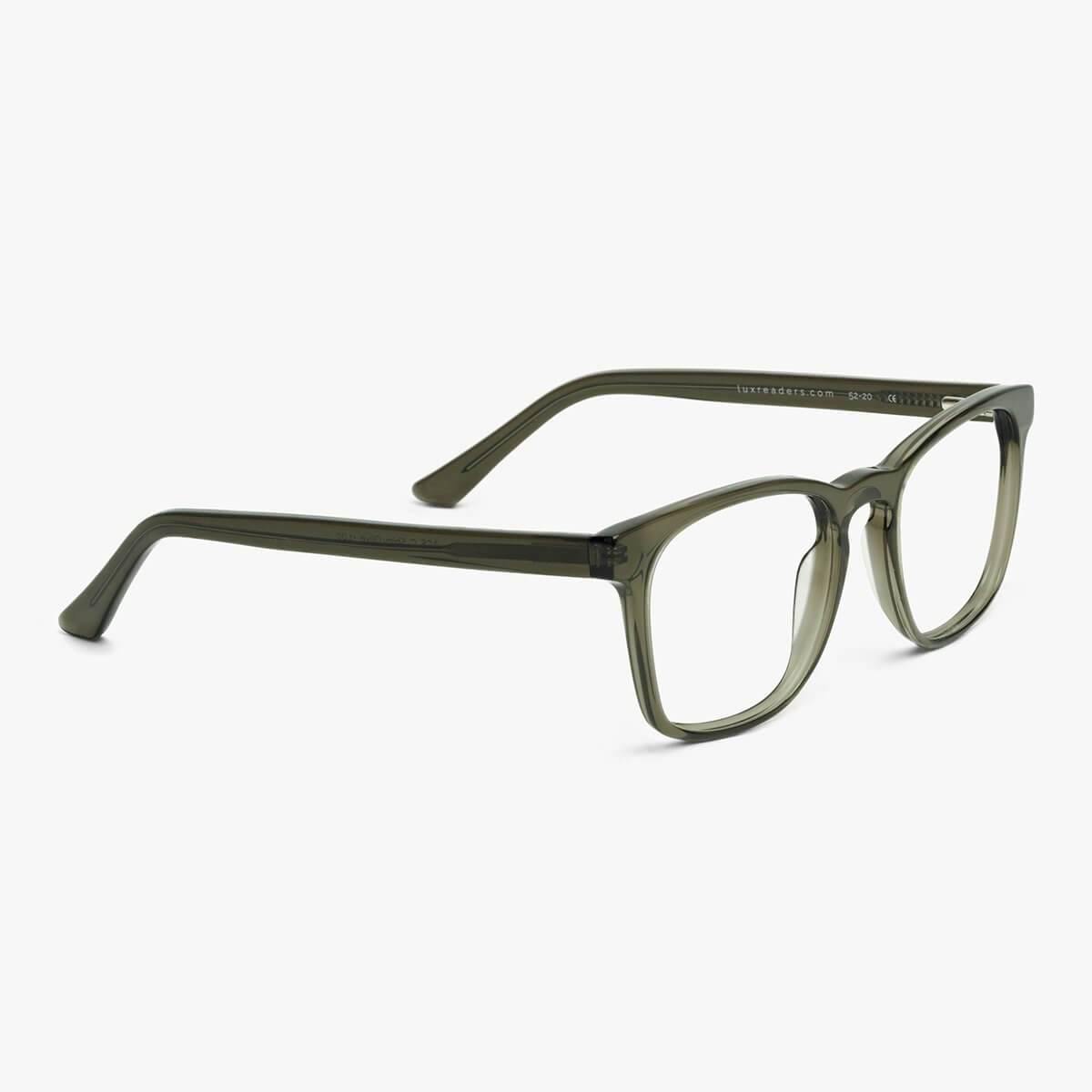 Bornholm Shiny Olive reading glasses with an olive green frame
