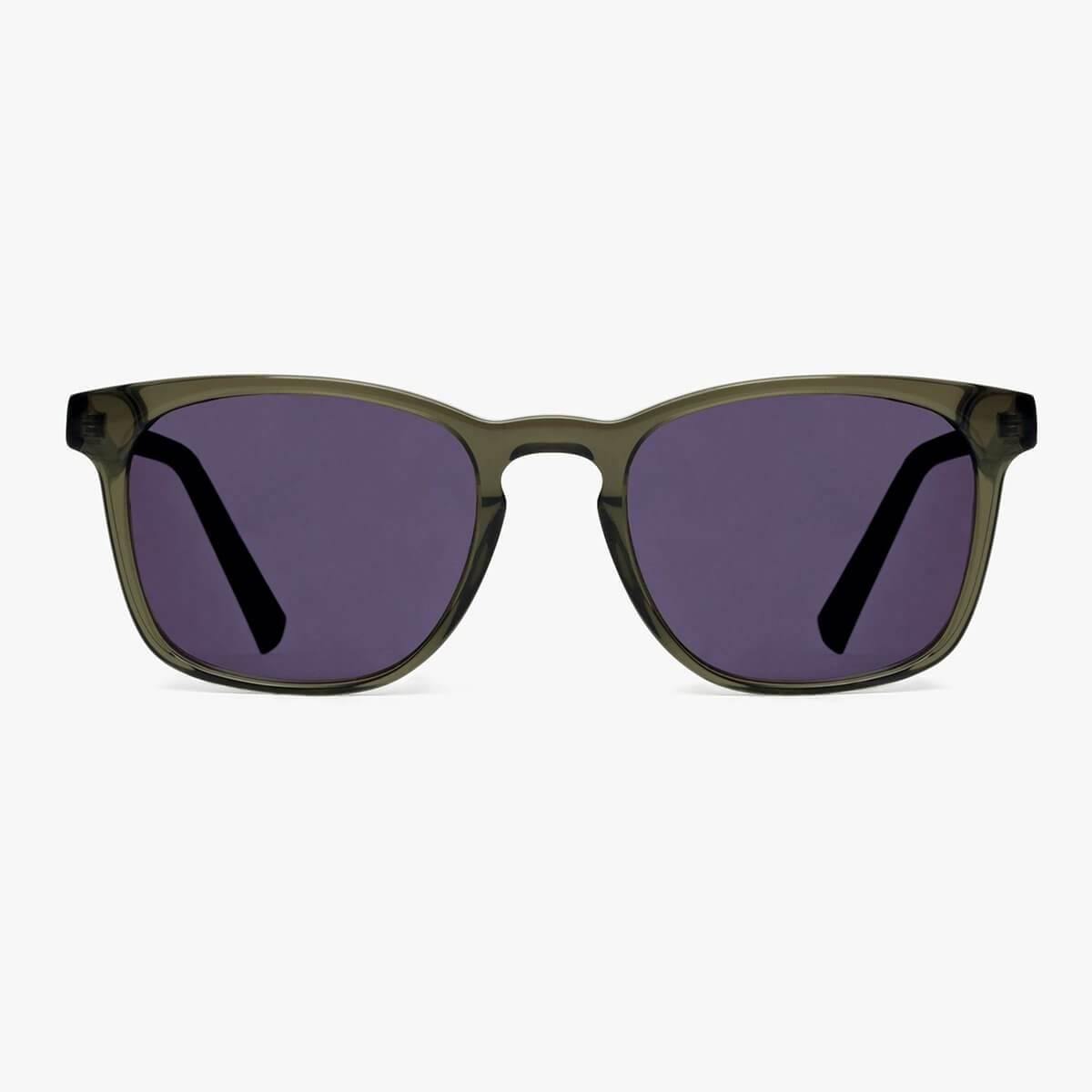 Shiny olive sunglasses with rectangular frames and dark lenses
