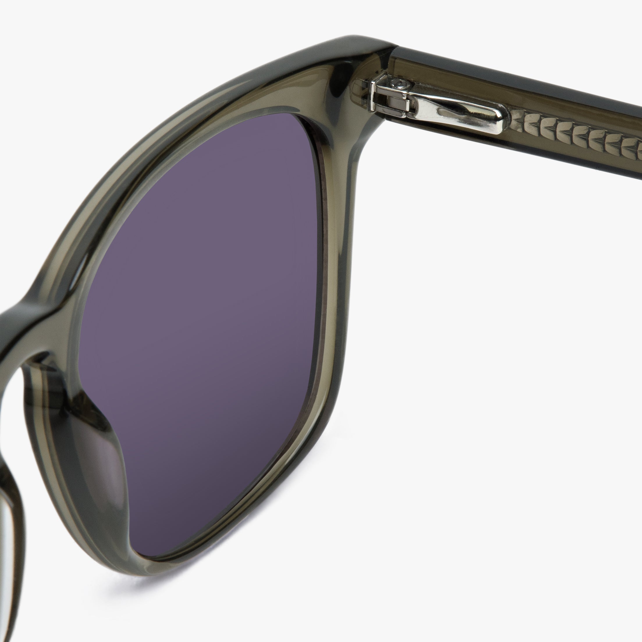 Shiny olive reading glasses with purple lenses and detailed temples