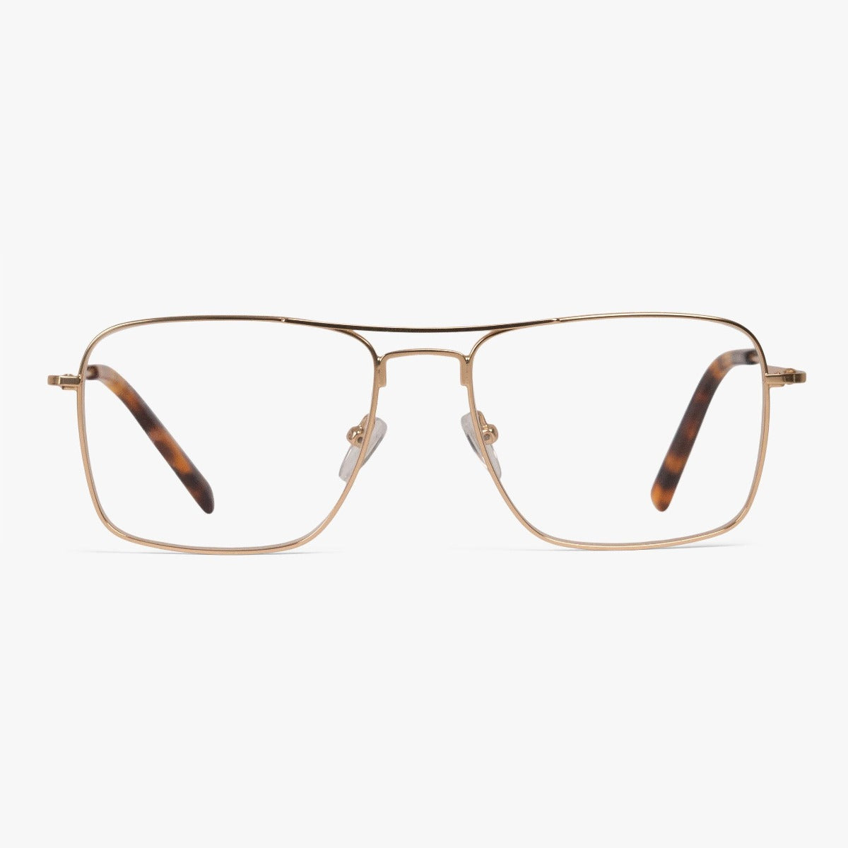 Luxreaders stylish Lidköping Gold Blue light glasses. Made from Stainless steel in a Square shape.