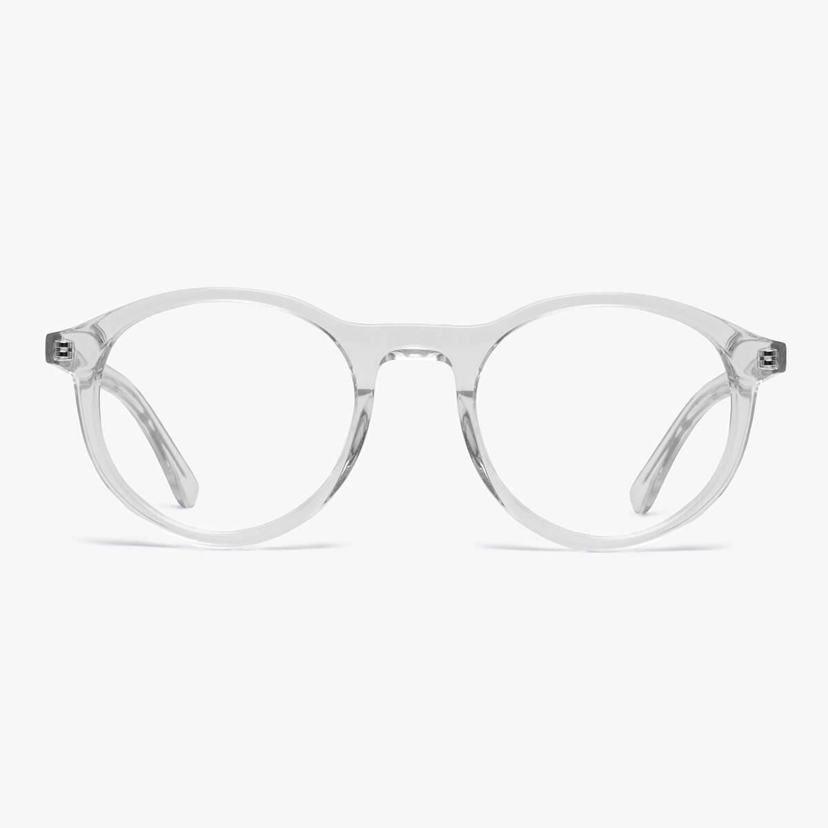 Luxreaders stylish Men's Løkken Crystal White Blue light glasses. Made from Acetate in a Round shape.