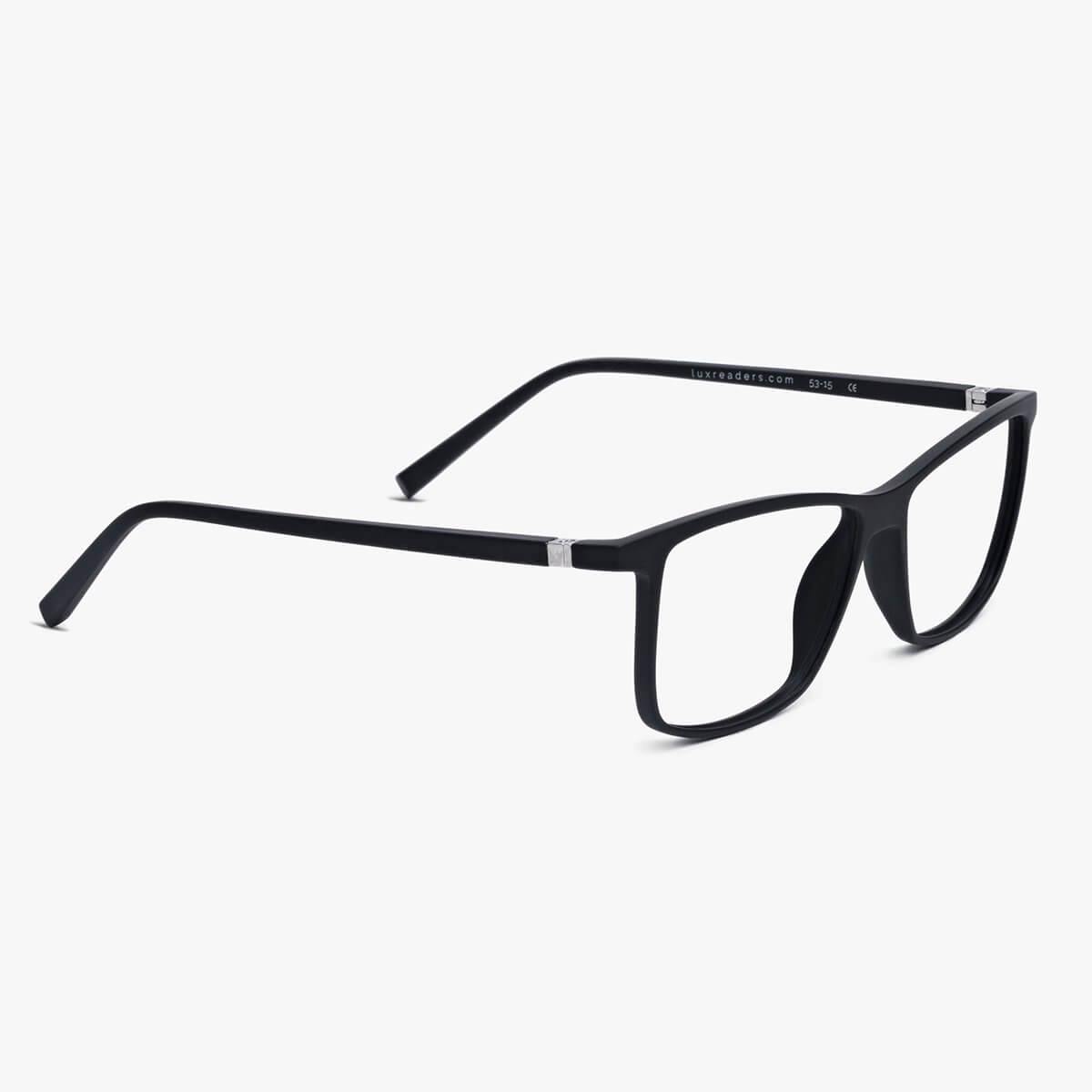 København Black rectangular glasses with black frame, Luxreaders branding