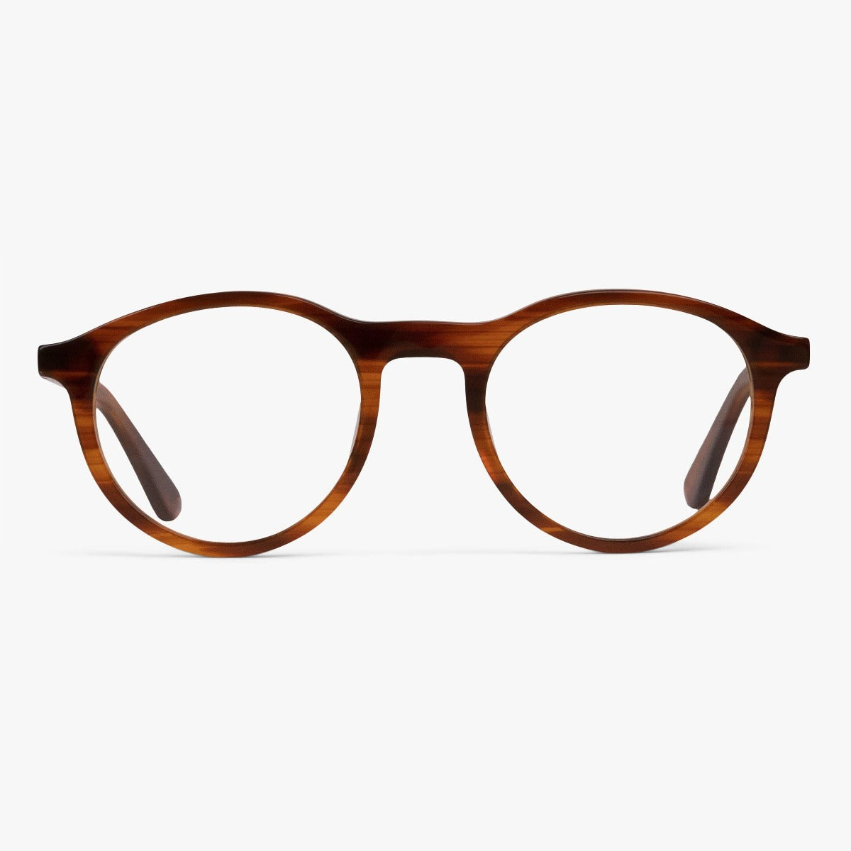 Løkken Shiny Walnut round glasses with a walnut wood finish