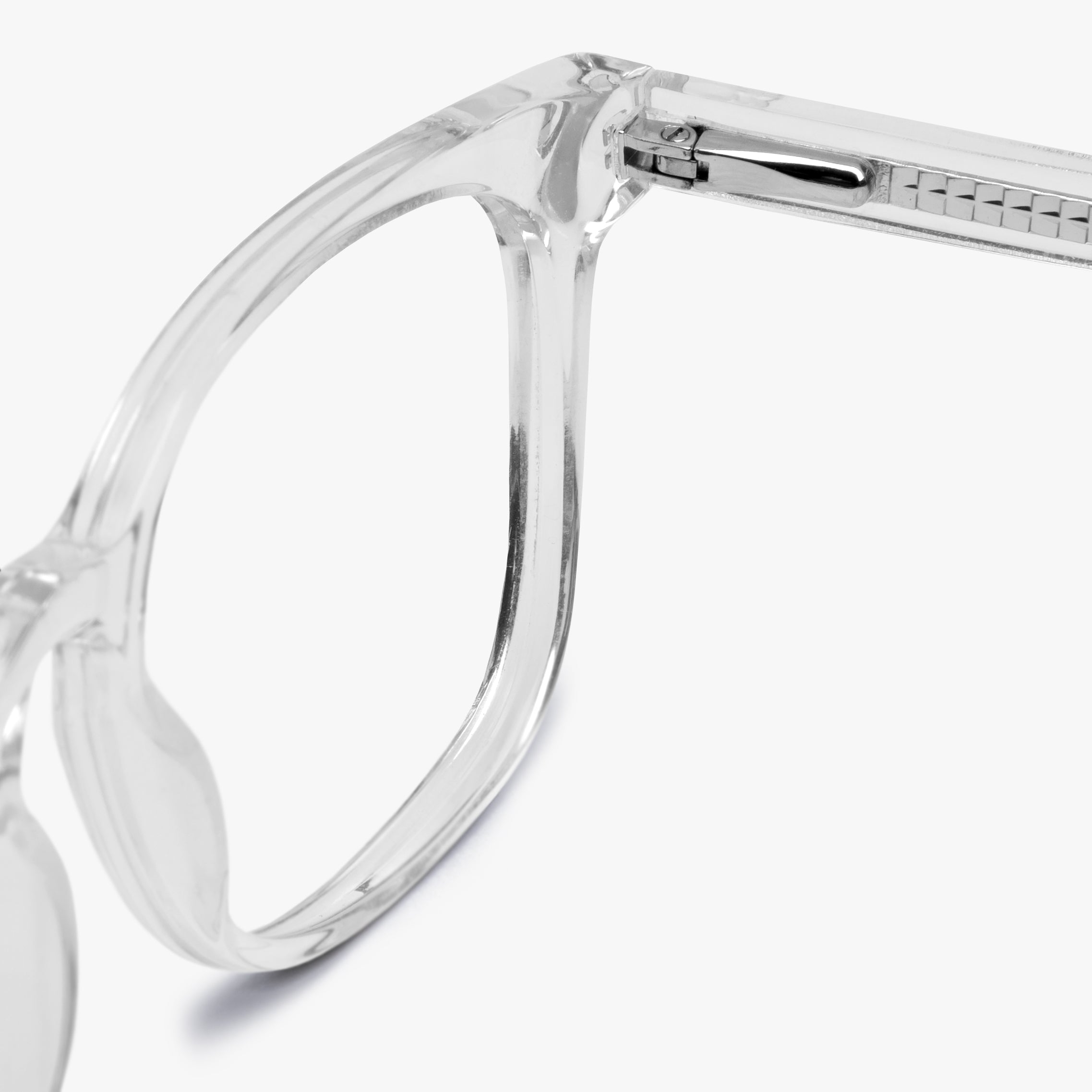 Close-up of clear crystal men's glasses frame hinge