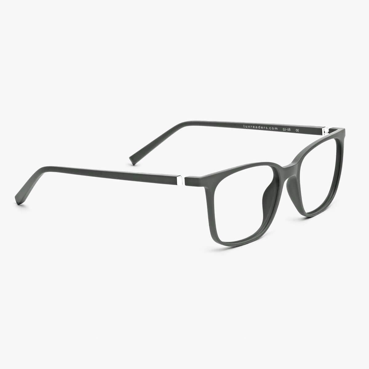 Men's Fyn Dark Army glasses with grey frame and Luxreaders logo on temples