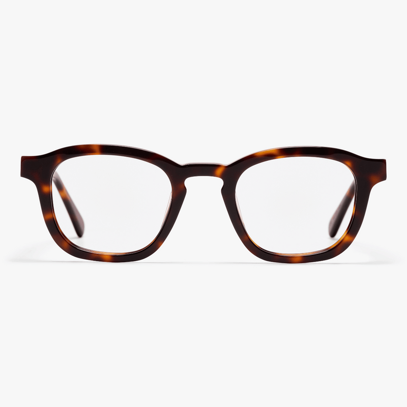 Tortoise shell rectangular reading glasses with a light turtle design