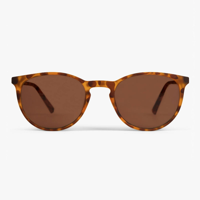 Tortoise shell sunglasses with round lenses and a classic frame design