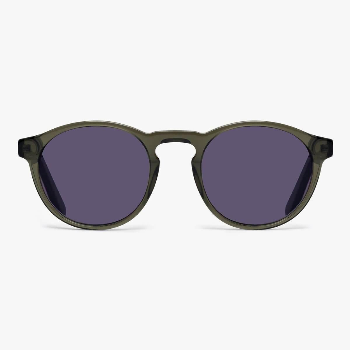 Trondheim Shiny Olive round sunglasses with dark lenses