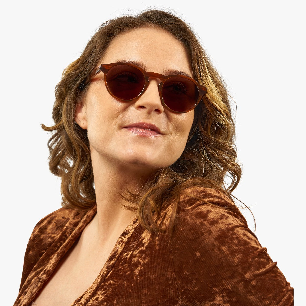 Person wearing Trondheim Shiny Walnut sunglasses