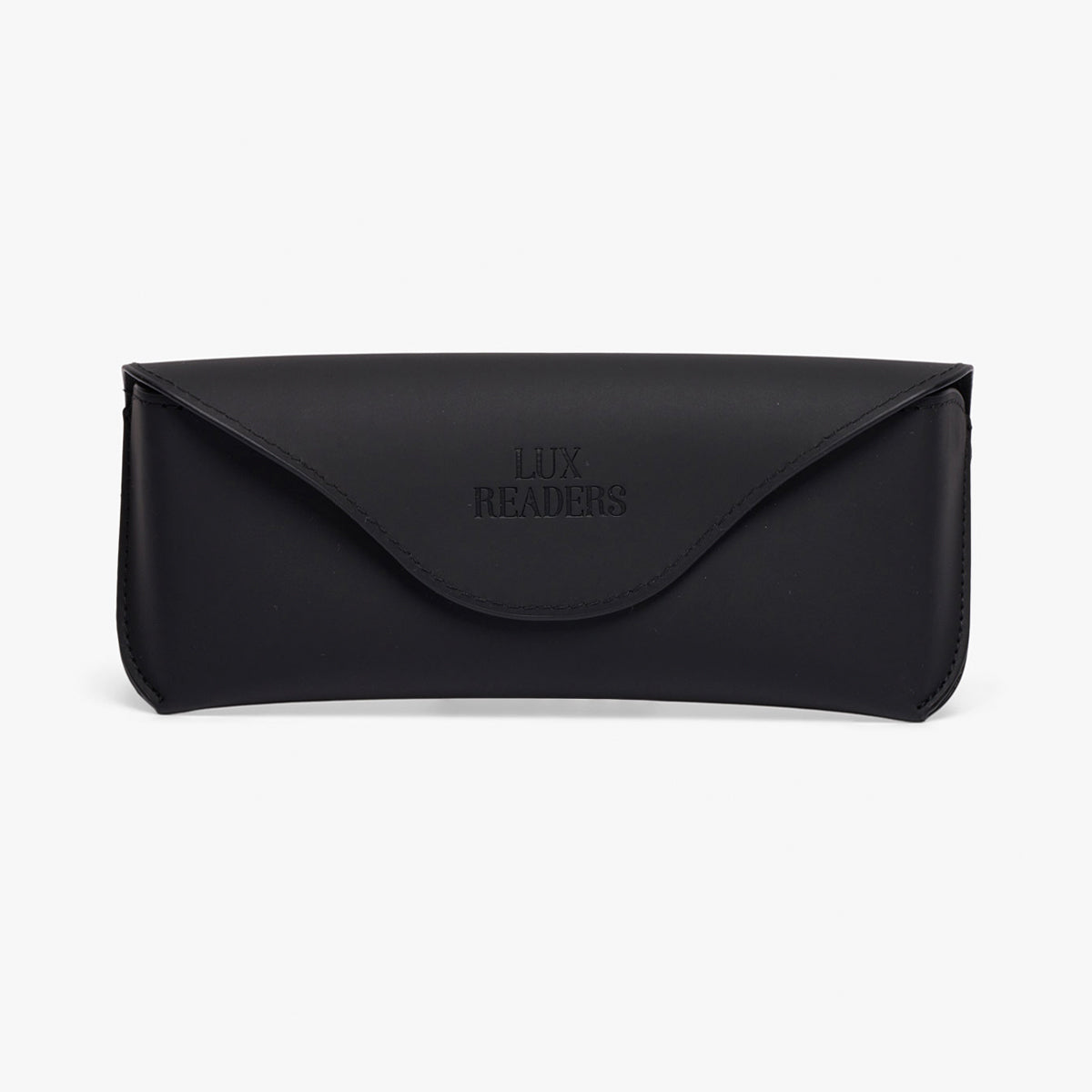 Black leather glasses case with Luxreaders logo