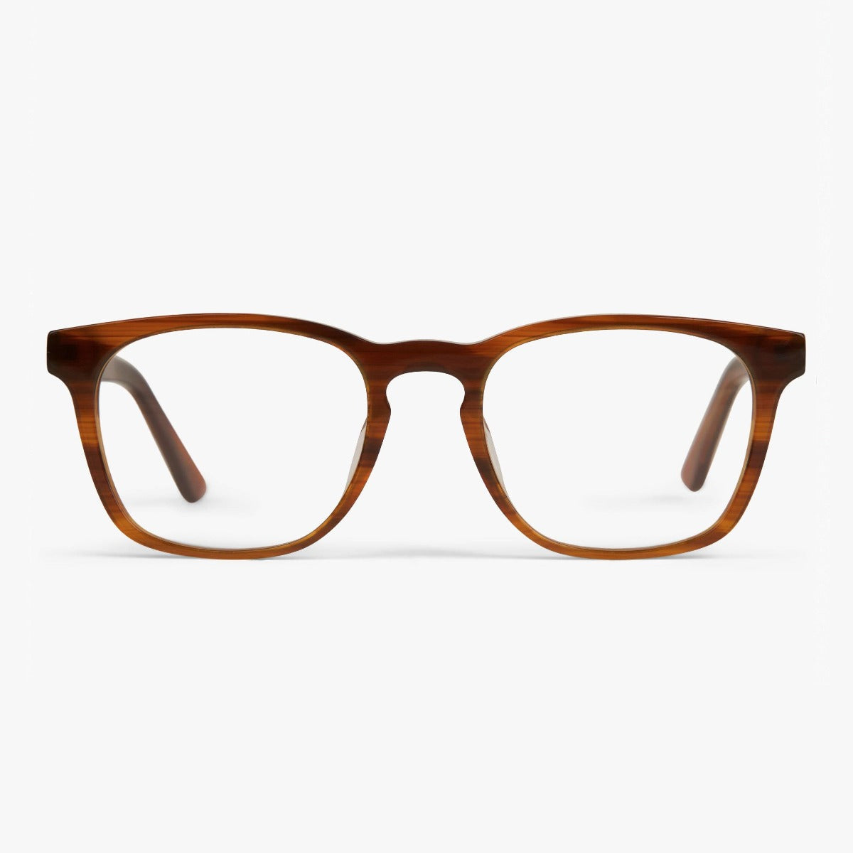 Shiny walnut rectangular glasses with a polished finish