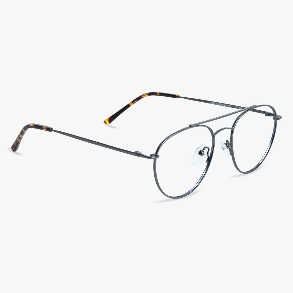Gunmetal round reading glasses with thin frame and tortoise temples