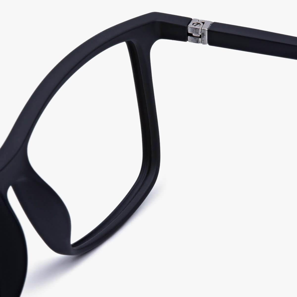 Close-up of black eyeglasses hinge and frame