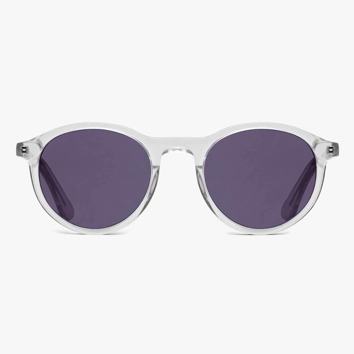 Women's round crystal white sunglasses with dark lenses